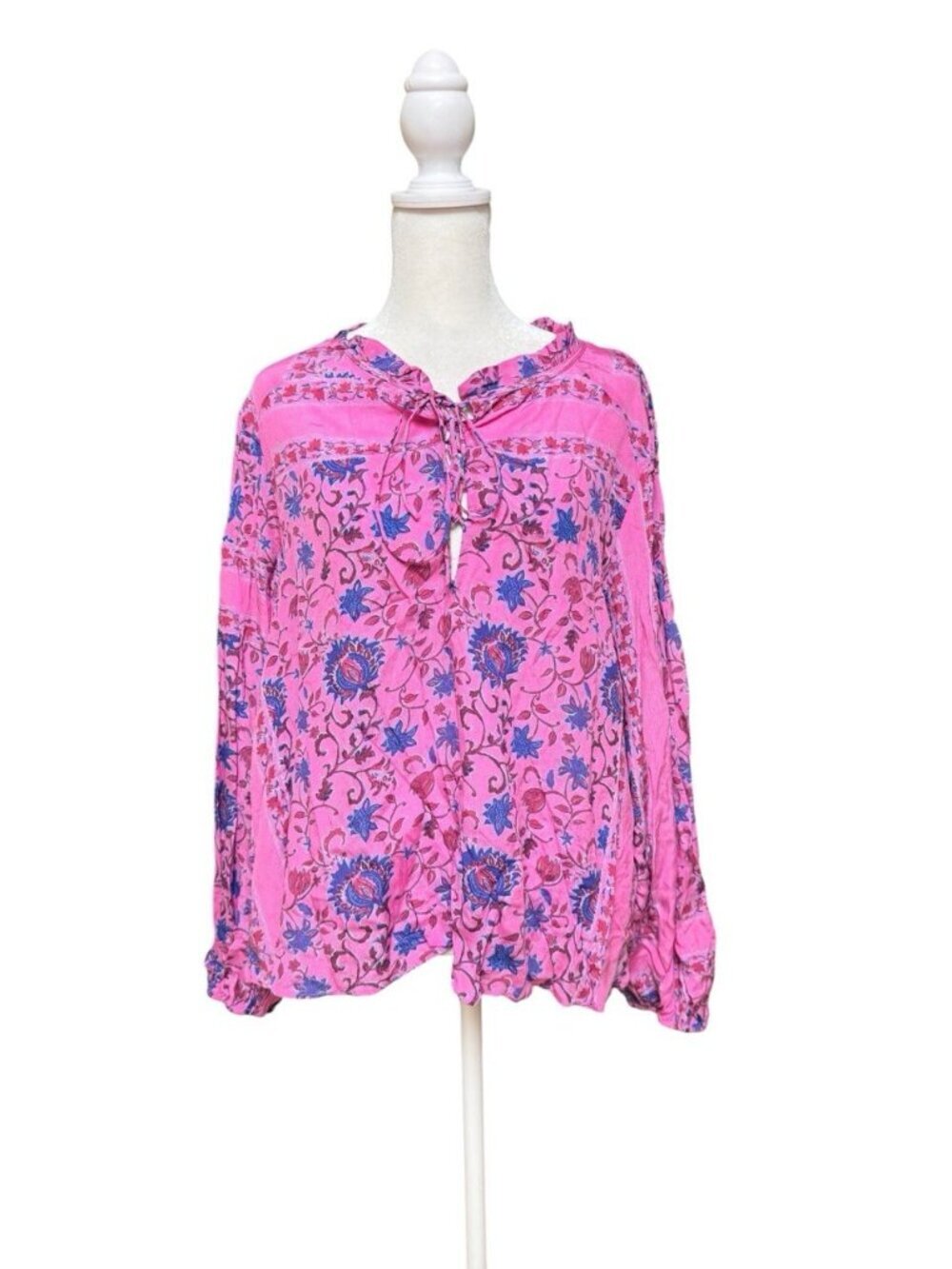 Mango Floral Boho Peasant Blouse Pink Purple Viscose Size 12